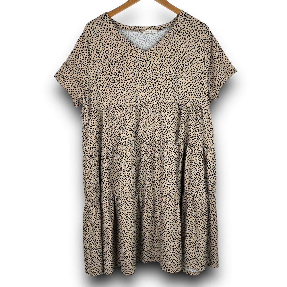 Tiered Ruffle Vneck Dress Pockets Dotted Print Soft Relaxed Tan Beige Black 1X